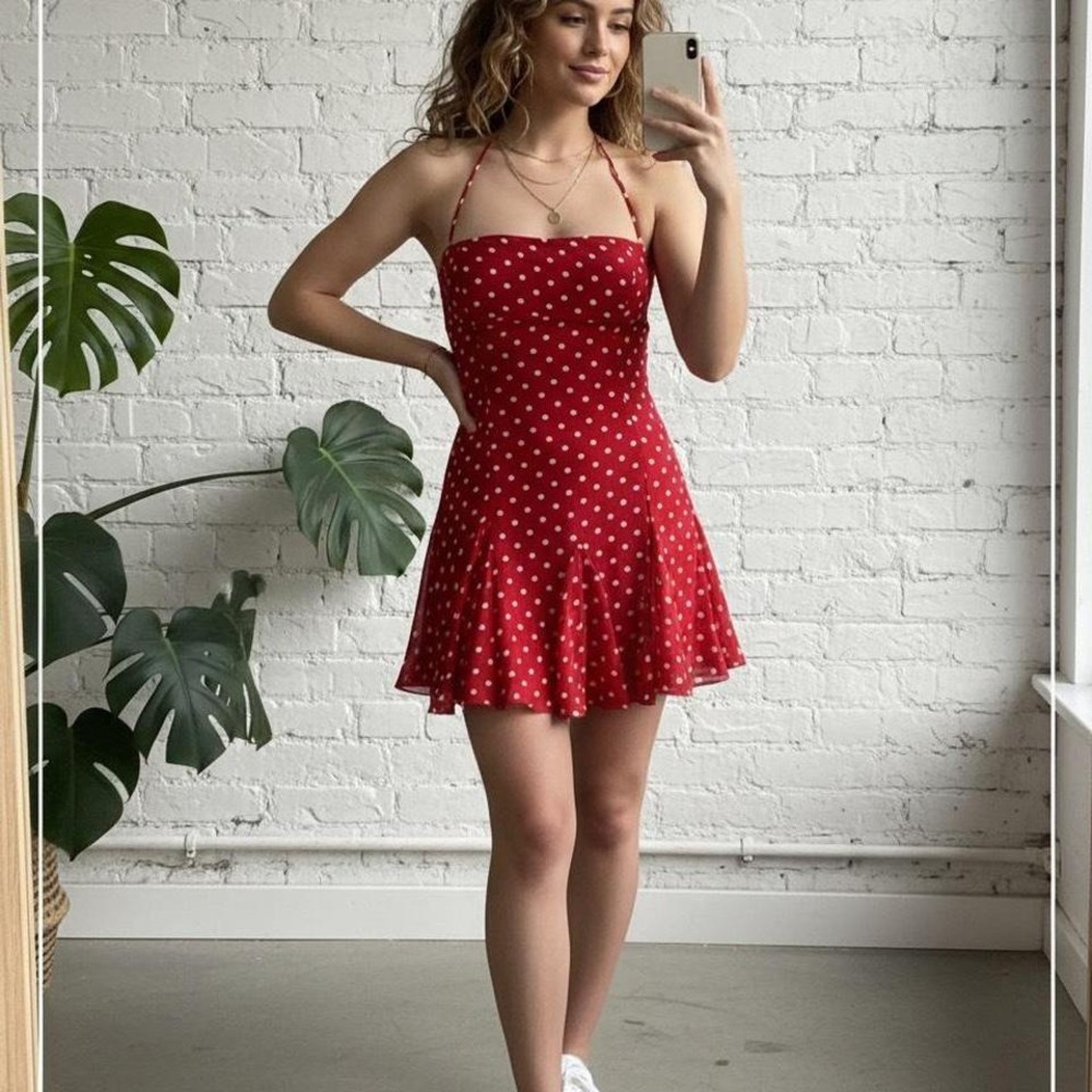 Princess Polly Delamere Red Polka Dot Halter Mini Dress Fit and Flare Retro  4